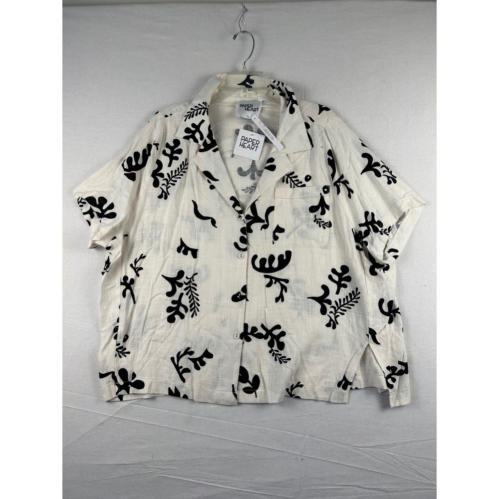 Paper Heart Linen Blend Button Down Shirt Cream Black Abstract Print Large NEW